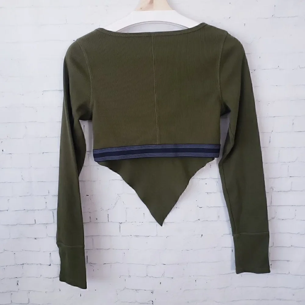Free People Movement Long Sleeve Ribbed Knit Knot Front Cropped Top Size L Green
